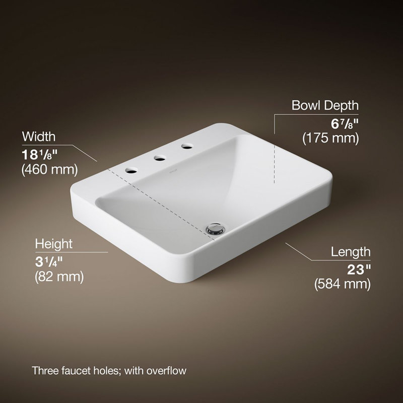 Vox Vitreous China Rectangular Vessel Bathroom Sink with Overflow, 3, White