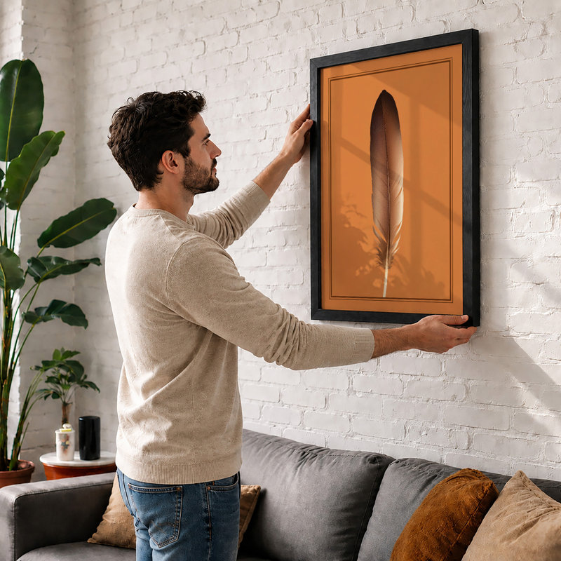 Feather On Orange Minimalist - Print, Unframed, A4 - 29.7 x 21.0 cm