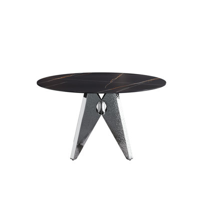 Table de salle à manger 53 po ronde en marbre avec base en acier inoxydable argenté, marbre artificiel pour 6 personnes, table de salle à manger / cuisine de salle à manger (table de salle à manger seulement)