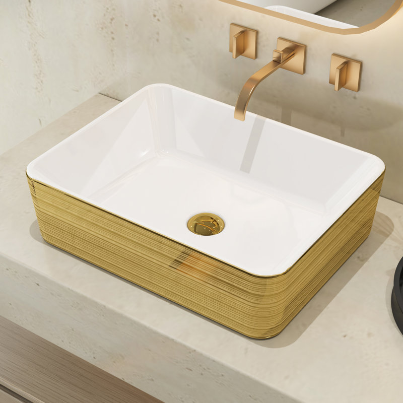 MEJE 19" Luxury Gold Stripes Rectangle Bathroom Vessel Sink, Above Counter Countertop Vanity Sink,Porcelain Ceramic Art Basin,Wash Basin for Lavatory Vanity Cabinet