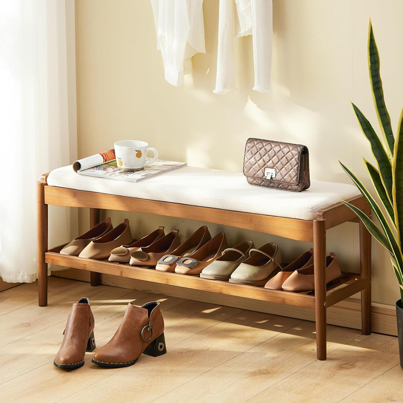 Shoe Bench Entryway Bamboo 2-Tier Shoe Rack with Cushion Padded Seat Shoe Bench Organizer Stable for Entry