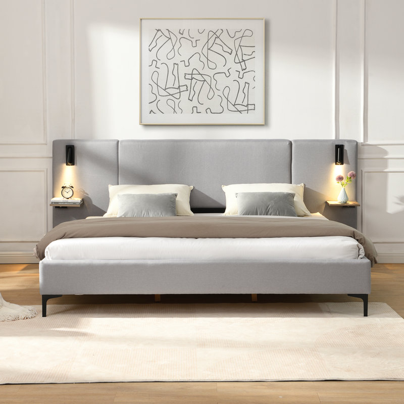Lit tapissier en lin avec lumières et tablettes intégrées, Gris, Très grand lit