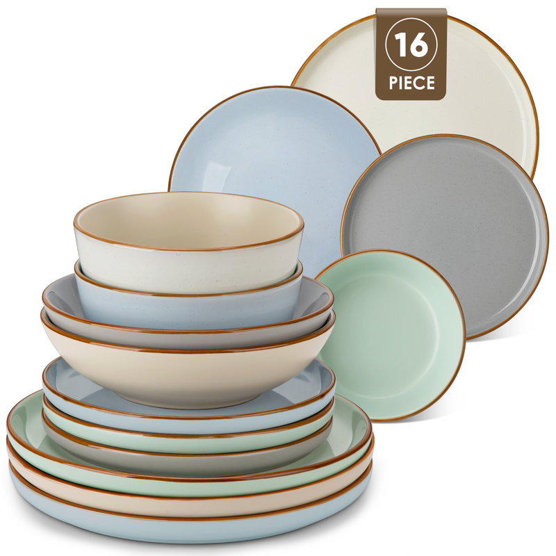 RENIOO Piece Stoneware Dinnerware Set - Service for 4, Gray/Blue/Green