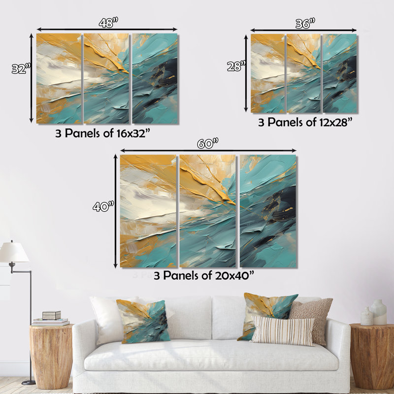 Joy of Peace, peinture abstraite or bleu clair, 3 pièces, H 28 po x l 36 po x P 1 po