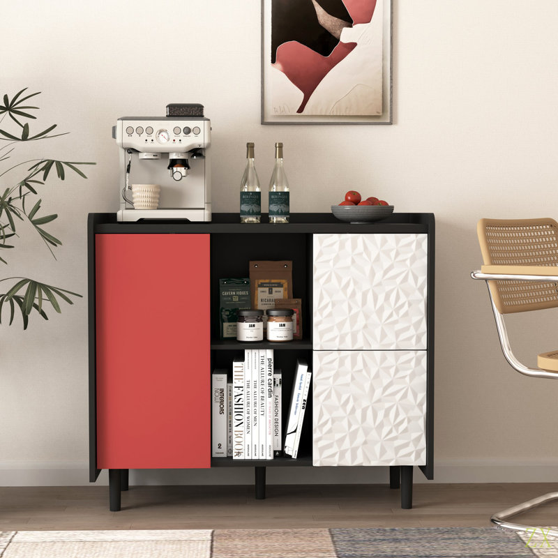 Buffet avec portes, 2 tiroirs avec panneau unique et 2 compartiments de rangement ouverts, armoire à café moderne pour la cuisine et la salle à manger