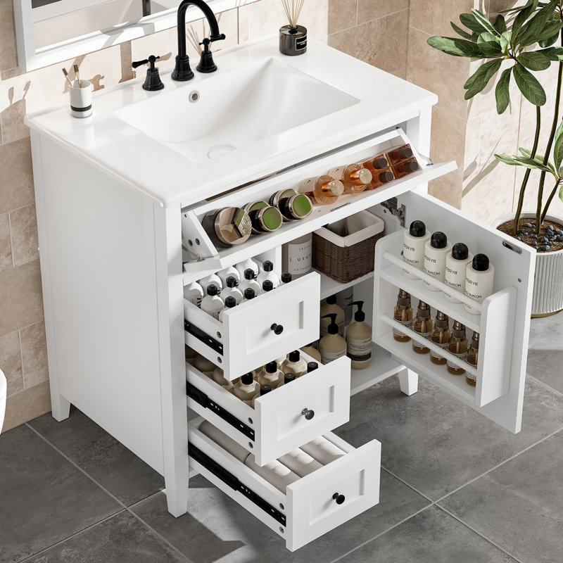 Meuble-lavabo autoportant de 30 po de largeur avec comptoir en céramique, tiroirs et tablette ajustable, White/Black