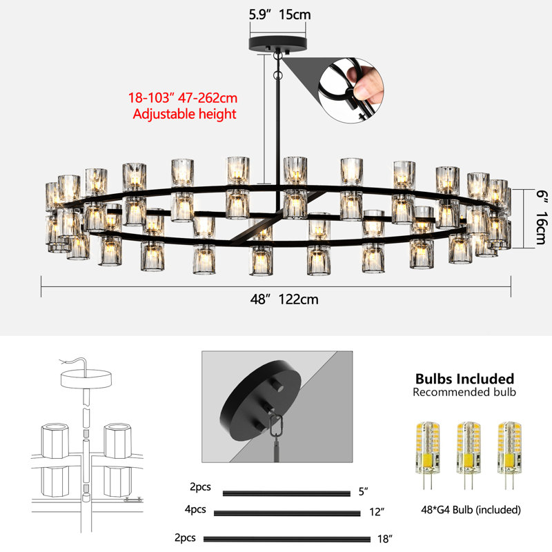 Éclairage décoratif de 48 pouces de luxe, noir et cristal pour la maison, éclairage à DEL avec G4, plafonnier, blanc chaud 2700k, écoénergétique, distribution uniforme, cristal facile à assembler, décoration