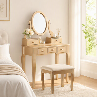 Ensemble coiffeuse et tabouret Ashley Wood, coiffeuse à 5 tiroirs avec miroir ovale réglable, doré