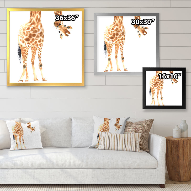 Portrait d'une girafe sur blanc - peinture sur toile, H 30 po x l 30 po, Cadre de coin blanc fermé