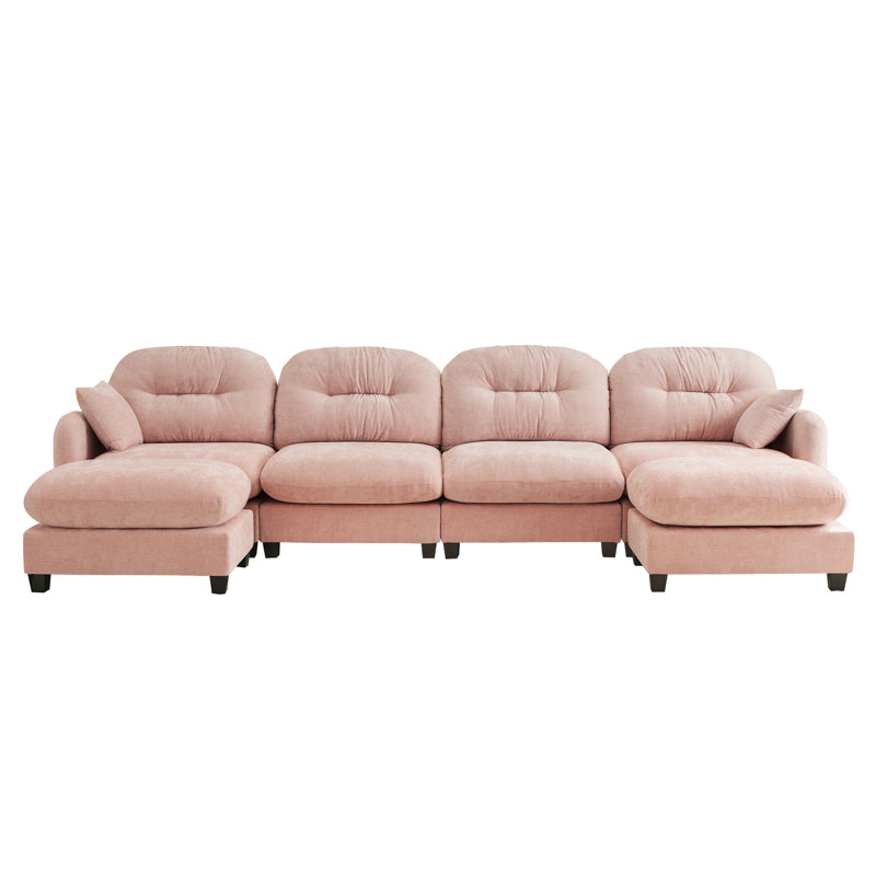 Modular Chenille  Sectional Sofa, Pink, 36.6" H x 140" W x 59.5" D