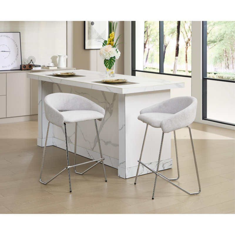 Upholstered Counter Stool with Metal Frame, Light Grey