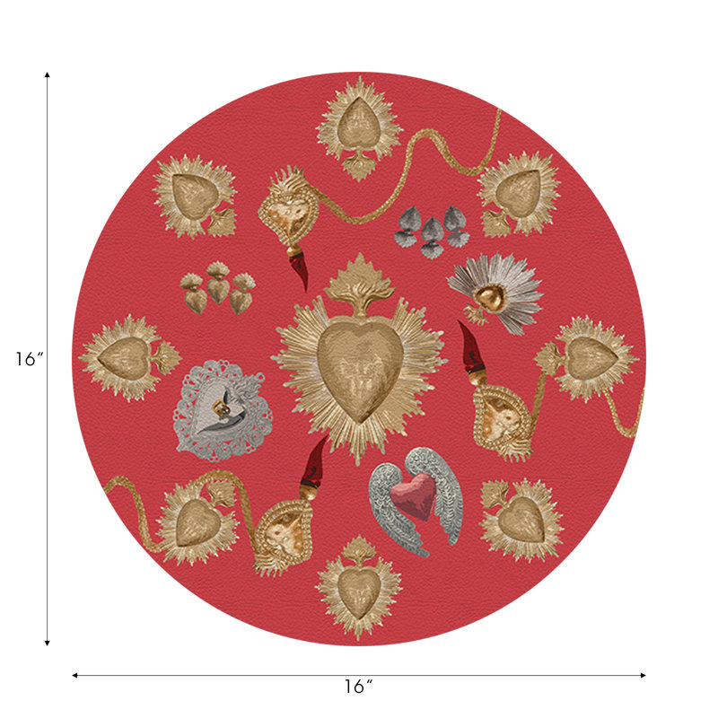 Ex Vote Sacred Hearts Vegan Leather Round Pebble Placemat, Crimson