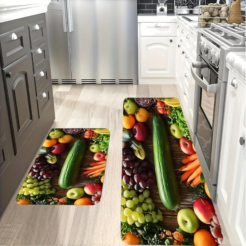 Fresh Fruit Vegetable Print Kitchen Rugs for Kitchen & Dining Room, Multicolor Home Decor 2-Piece Set