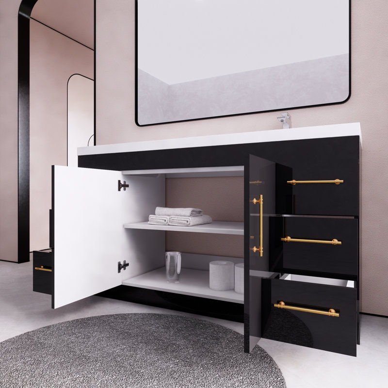 Meuble-lavabo sur pied avec lavabo en acrylique renforcé Verda, Noir lustré