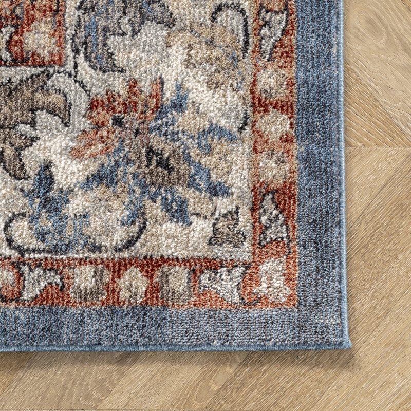 Tapis oriental bleu / orange / ivoire, Rectangle 8 pi 10 po x 9 pi 8 po
