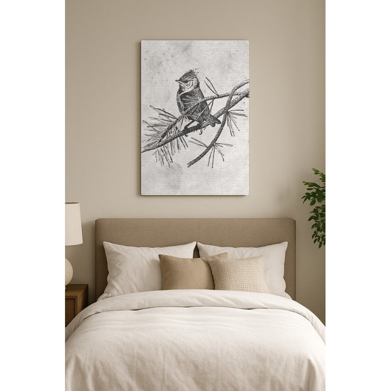 Oiseau sur une branche de pin — Portrait en métal, H 14 po x l 11 po