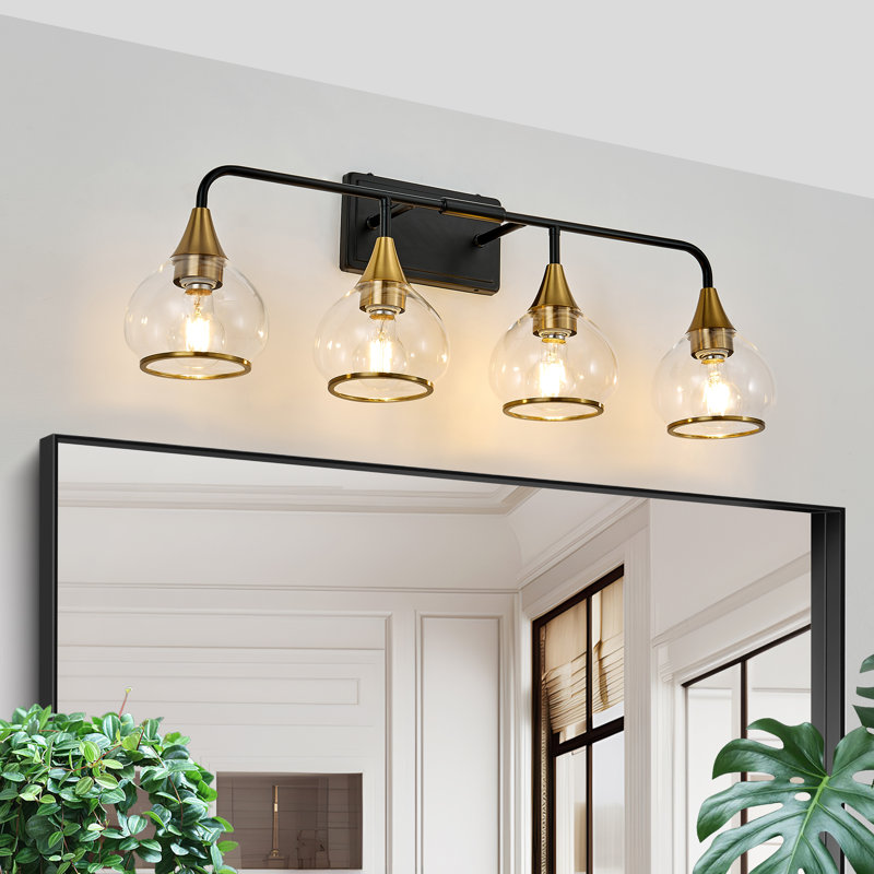 Luminaire de salle de bain 4 lumières à fixation murale avec abat-jour globe en verre transparent, Quatre lumières