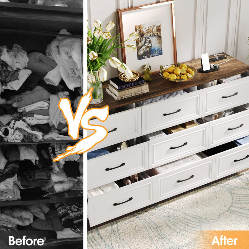 9 Drawer Wide Dresser For Bedroom, Brown