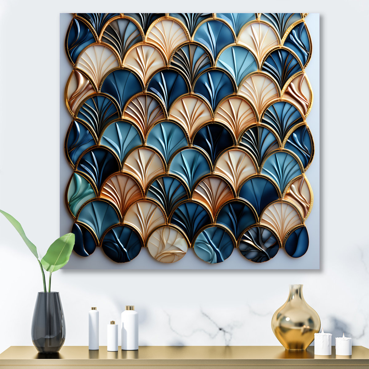 Art Deco Blue Golden Tile- Geometric Metal Wall Art