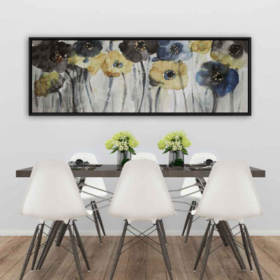Fleurs grises, bleues et jaunes - Décoration florale sur toile de salle de bain