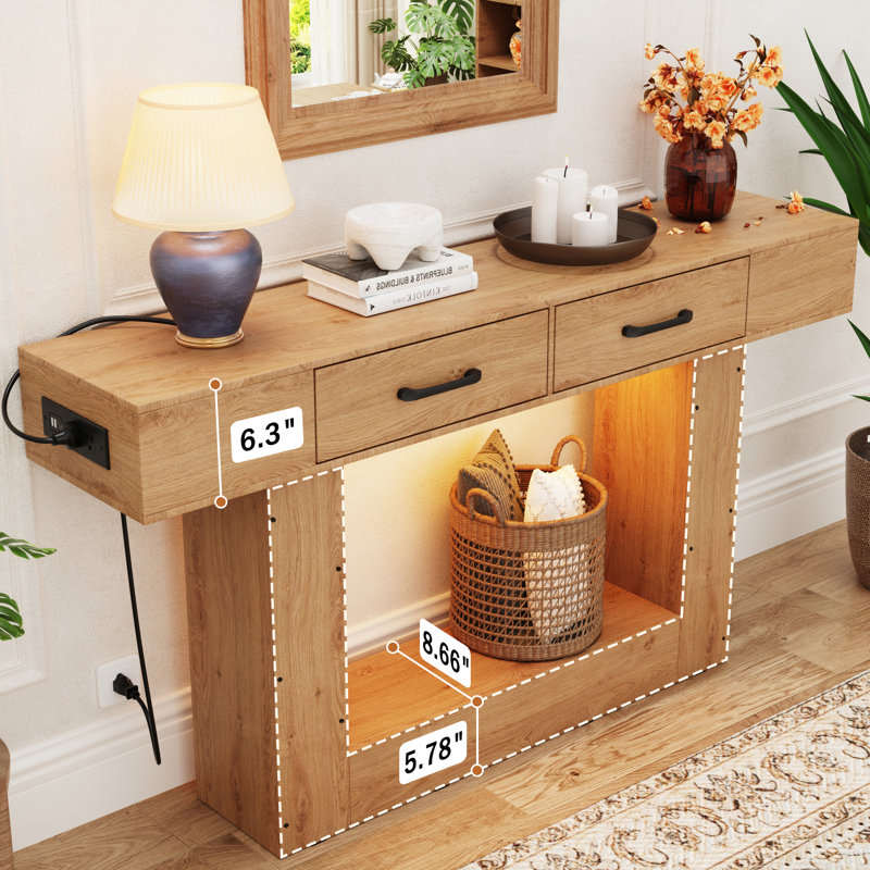 63" W Farmhouse Style Wooden Rectangular Console Table, U-Shape Leg Behind The Couch Sofa Table, Natural Wood