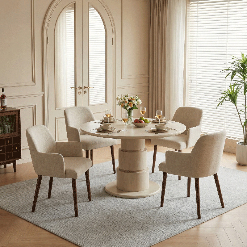 Upholstered Solid Wood Dining Chair Side Chair With Armrests, Beige