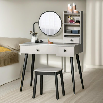 Barnabe White Dressing Table with Stool and Round Mirror Dresser Makeup Desk Bedroom