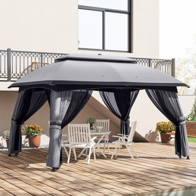 10' X 13' Patio Gazebo, Dark Gray, Abundant Space For 8, Netting Included, Vented Roof, Steel Backyard And Lawn Gray Gazebo 13', Spacious 8 Individuals, Frame, Excellent Deck