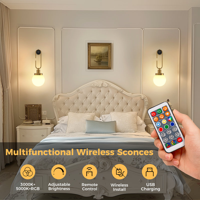 Remote Control Dimmable Tradictional Armed Wall Sconce 3000K/5000K, Battery Operated