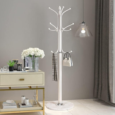 Portemanteau autoportant en métal avec base en marbre naturel, portemanteau à 12 crochets pour vestes, chapeaux, sacs - Organisateur de vestibule blanc
