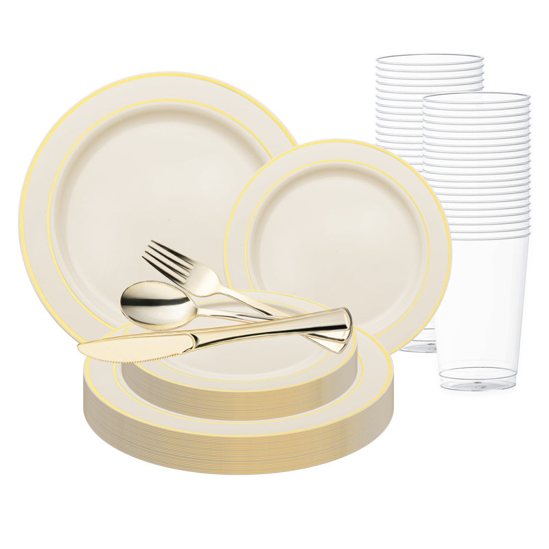 Ivory with Gold Edge Rim Plastic Wedding Value Set - 120 Settings