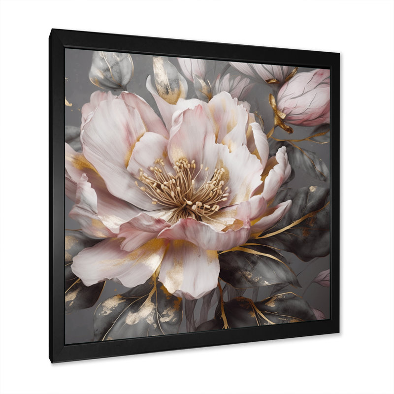 Rose et gris pivoines en fleurs III - pivoines, art mural, Cadre photo noir, H 36 po x l 36 po