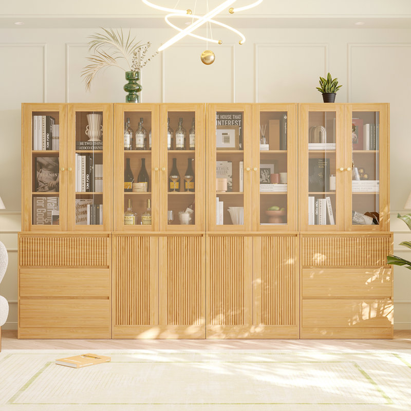 71" H X 94.5" W Bookcase Cabinet With Glass Doors & Large Storage Drawers(2A+2D)