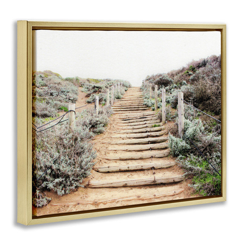 Cadre flottant en bois, escalier vers le ciel, design par Leah Noel Art, H 25 po x l 31 po, Cadre flottant métallique doré