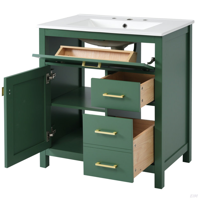 Meuble-lavabo vert 30 po avec lavabo en céramique et beaucoup de rangement