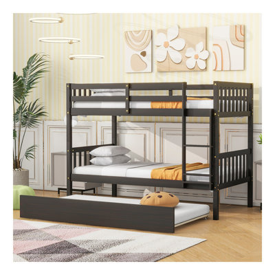 Twin Over Twin Rubber Wood Bunk Bed With Trundle, Convertible Into Twin Size Beds, Twin Size Bunk Bed With Ladder And Safety Guardrails,Espresso