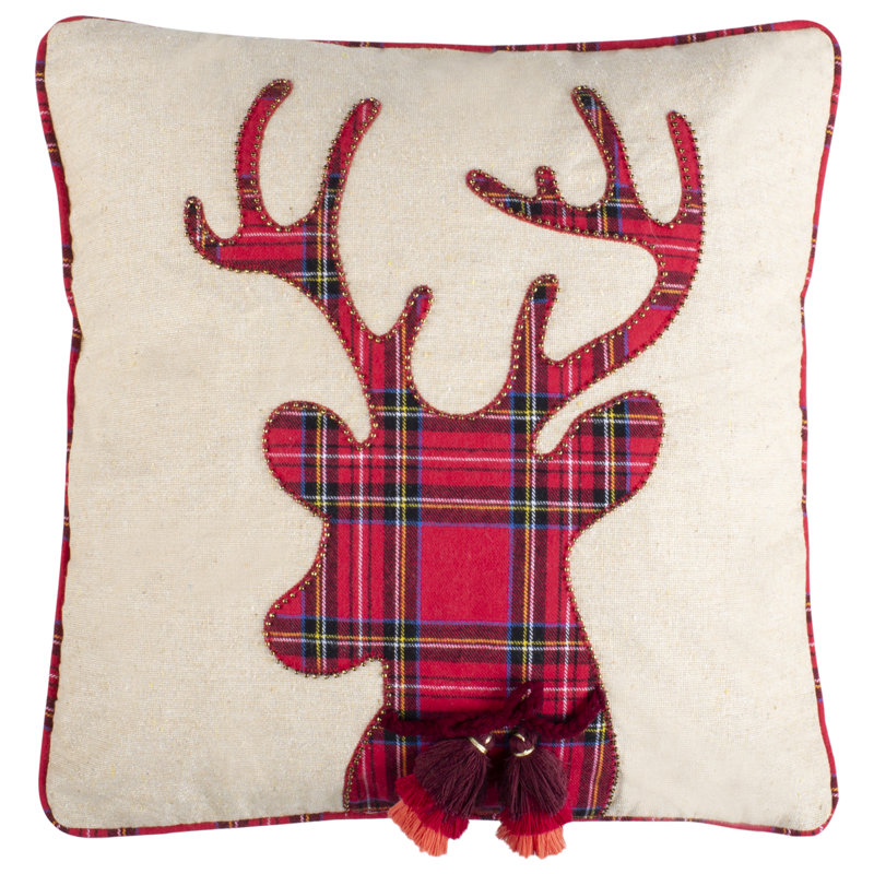 18" Beige and Red Reindeer Applique Holiday Pillow