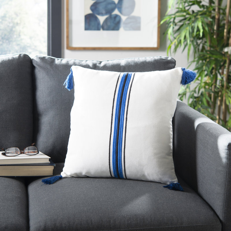 Orlanda 16'' Blue and White Cotton Throw Pillow with Tassels