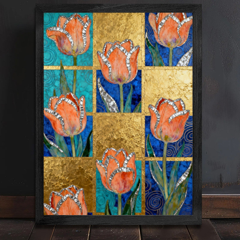 Art mural encadré noir avec tulipe fantaisiste, impression de cadre géométrique doré Art Nouveau, H 11 po x l 9 po