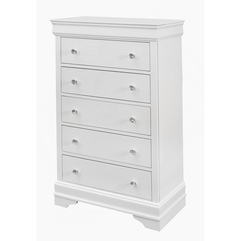 Commode verticale en bois manufacturé avec 5 tiroirs, Blanc