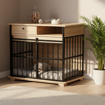 Large Wooden Dog Crate Furniture with Storage Drawer for Medium and Large Dogs, Natural