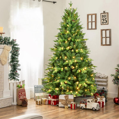 Arbre de Noël illuminé 5 pi avec 250 lumières à DEL blanc chaud, arbre à charnières réaliste en PE + PVC avec support en métal, 850 extrémités, arbre de Noël artificiel pour la décoration des Fêtes