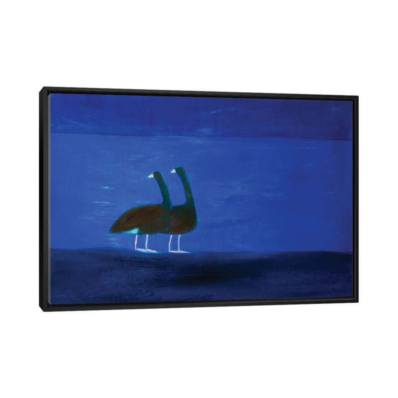 « two oies », reproduction d’art sur toile tendue, H 18 po x l 26 po x P 1,5 po, Toile avec cadre noir, Pas de tapis