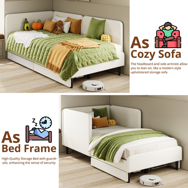 Twin Daybed with Headboard, Corner Bed Frame with Bed Rails and Storage Drawers, Solid Support, for Bedroom Guest Room, Twin