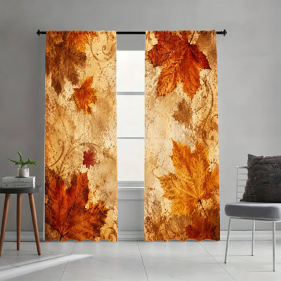Rideaux filtrant la lumière avec passe-tringle 2 pièces, rideaux à imprimé de feuilles d'automne à volutes rétro, décor de maison de campagne d'automne, habillage de fenêtre toutes saisons pour salon, chambre à coucher, dortoir, décoration