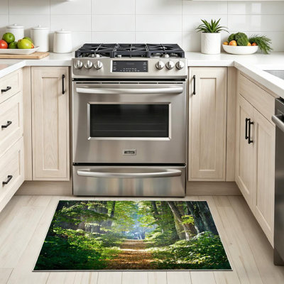 Green Road Beautiful Forest Morning Trail Nature Landscape Tree Trunk Wood Machine Washable Indoor Area Rug