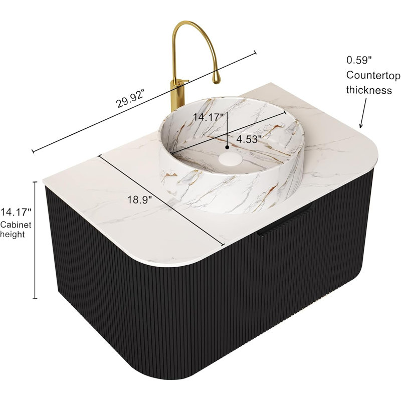 Meuble-lavabo flottant avec lavabo, lavabo en céramique et comptoir en marbre, aucun assemblage requis, Noir, 29.92"