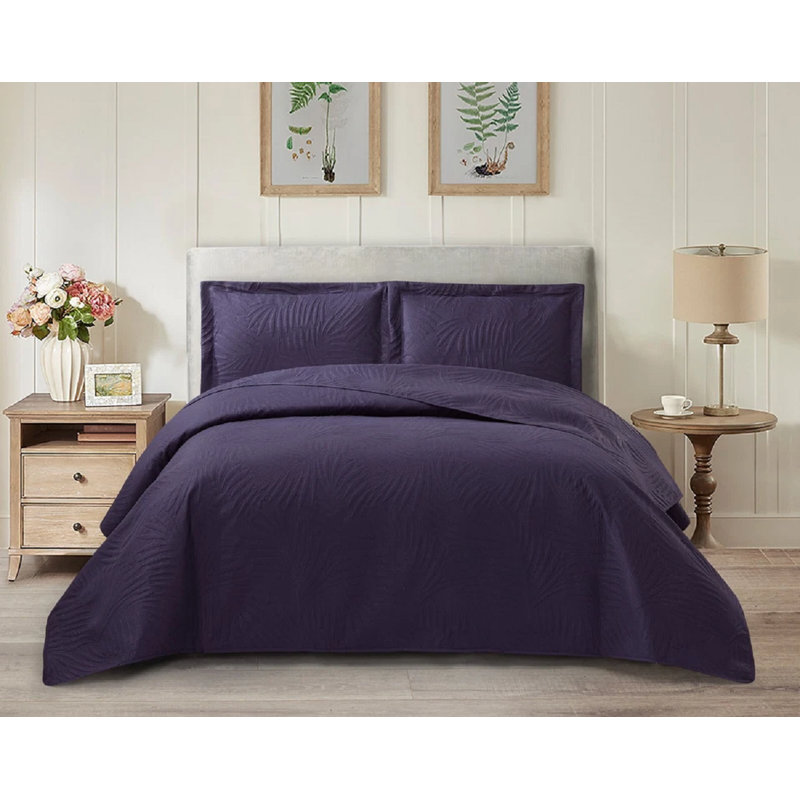 Floral Bedspread with Pillow Shams Included, Obergine, Double Bedspread  + 2 Standard Shams