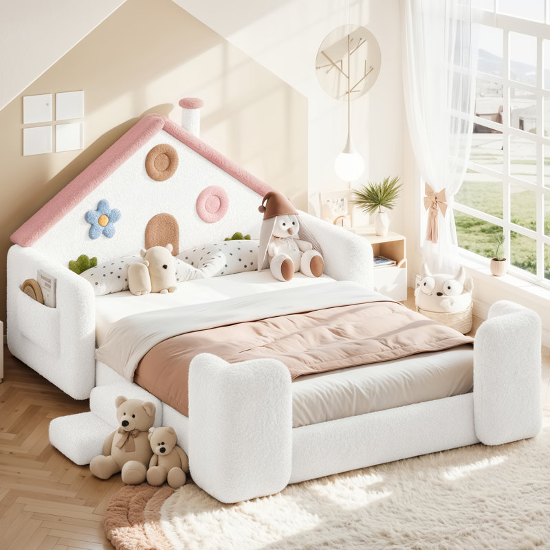 Lit tapissier en bois avec rails latéraux, tête de lit et lattes, Rose blanc