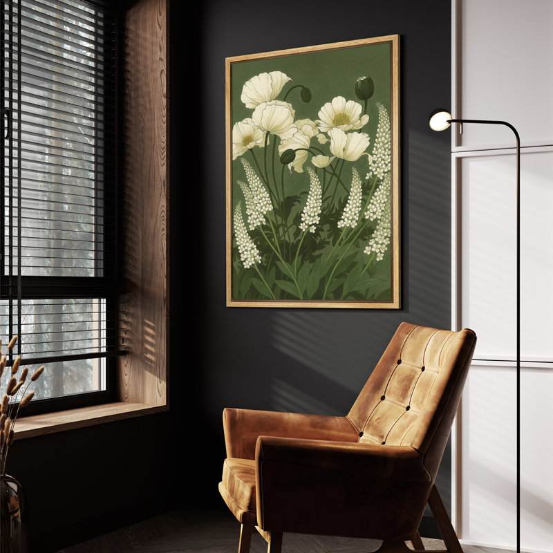 White Poppies and Spikes Canvas Print Wall Art - Elegant Botanical Decor for Living Room or Entryway, Natural, 36" H x 24" W